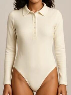 ZARA Cream Knit Bodysuit Collared Long Sleeve NWOT Size M Minimal Chic